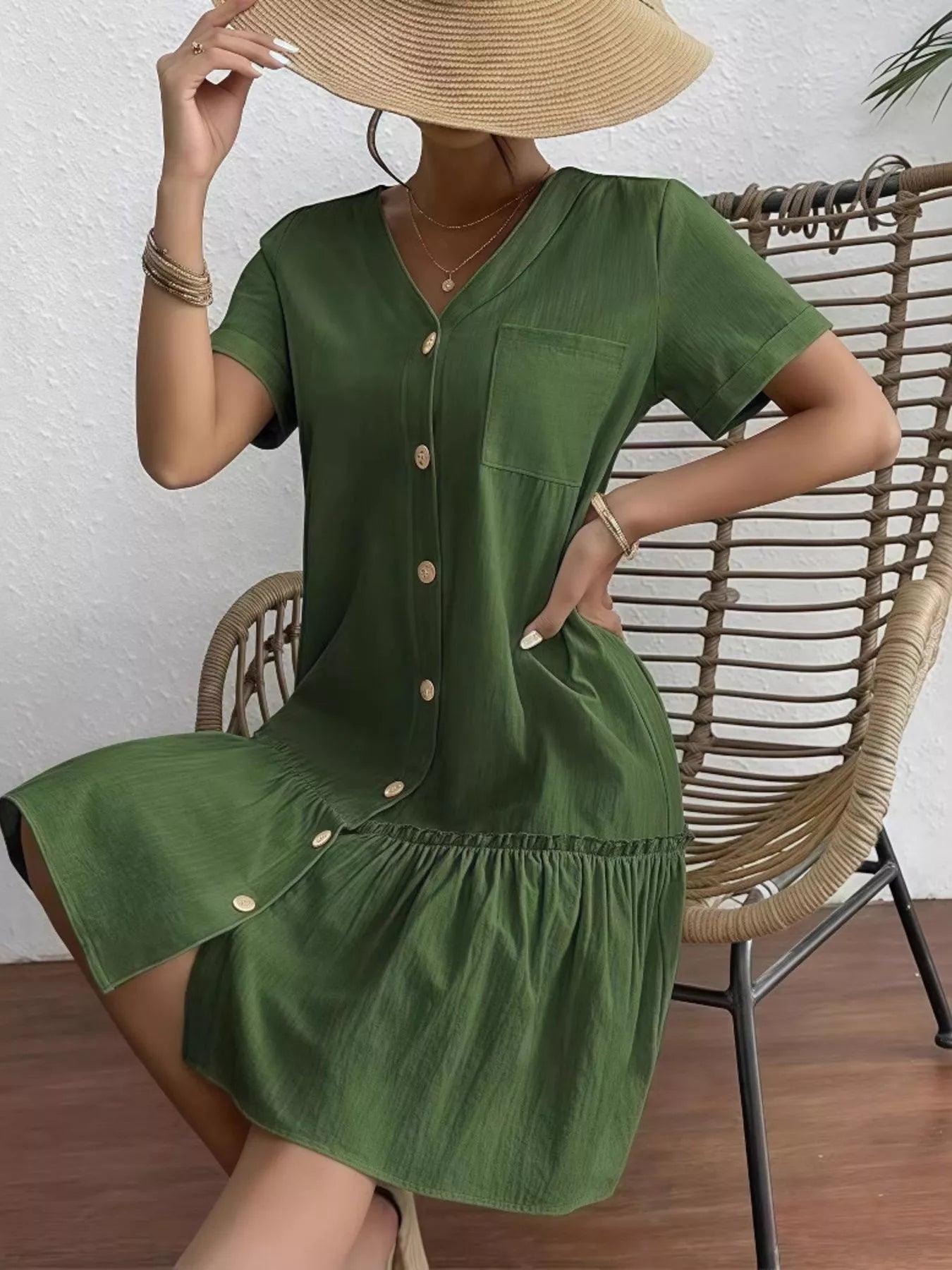 Full Size Button - Front Short Sleeve Tiered Dress Plus Size