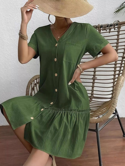 Full Size Button - Front Short Sleeve Tiered Dress Plus Size