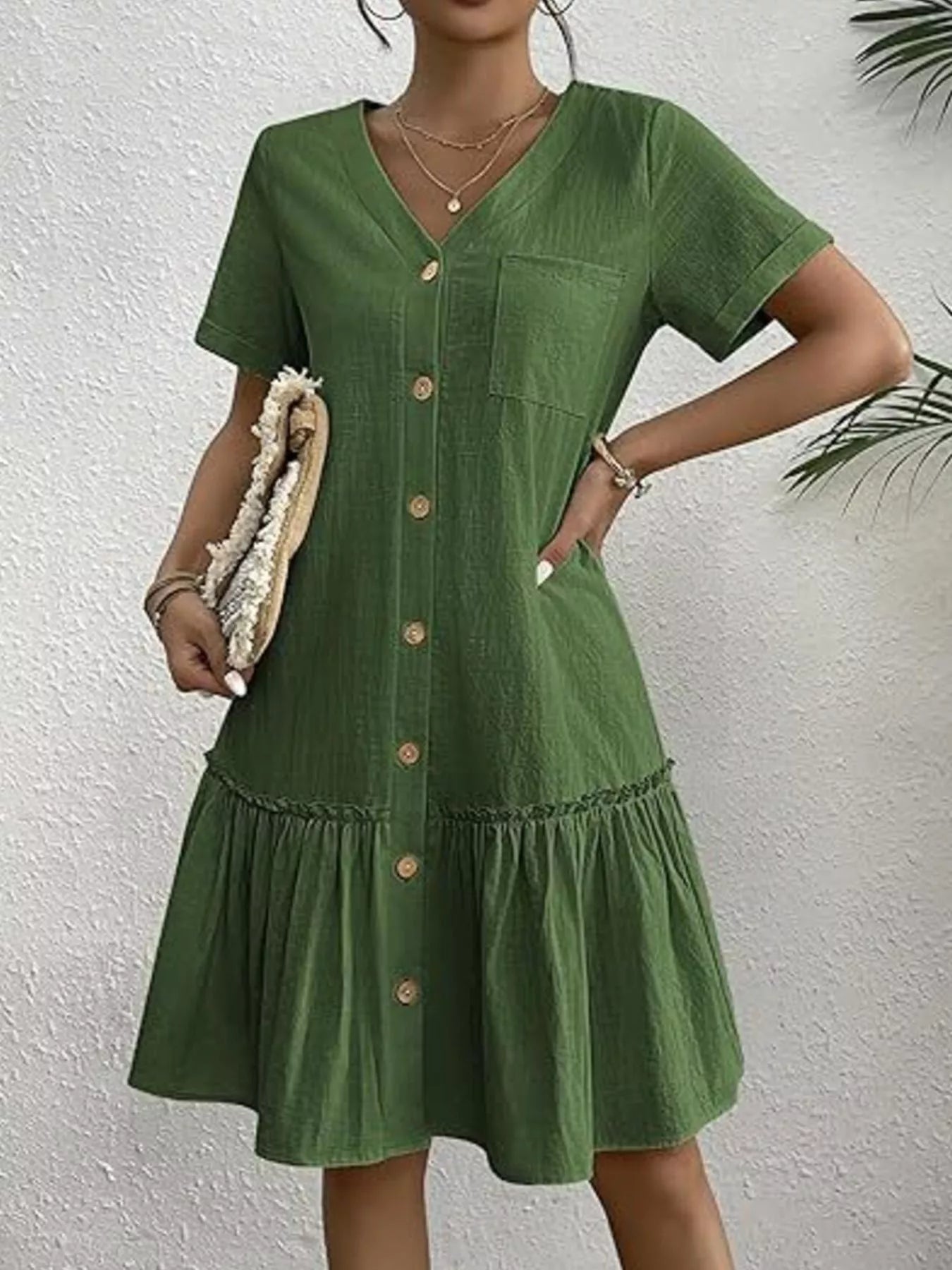 Full Size Button - Front Short Sleeve Tiered Dress Plus Size