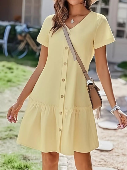 Full Size Button - Front Short Sleeve Tiered Dress Plus Size