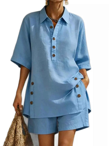 Full Size Casual Linen Button-Down Shirt & Shorts Set Plus Size
