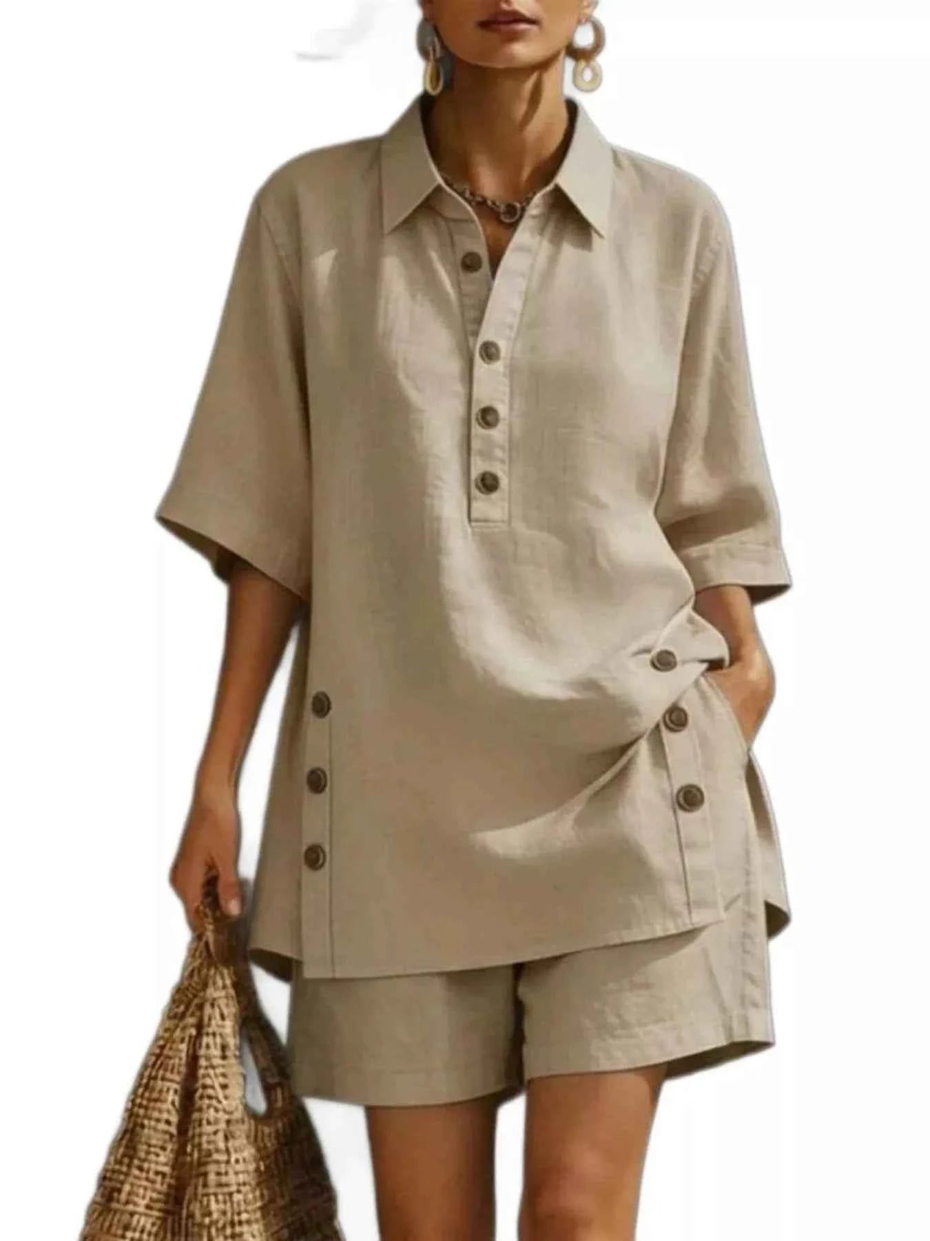 Full Size Casual Linen Button-Down Shirt & Shorts Set Plus Size