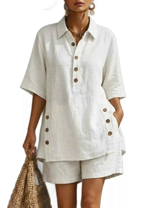 Full Size Casual Linen Button-Down Shirt & Shorts Set Plus Size