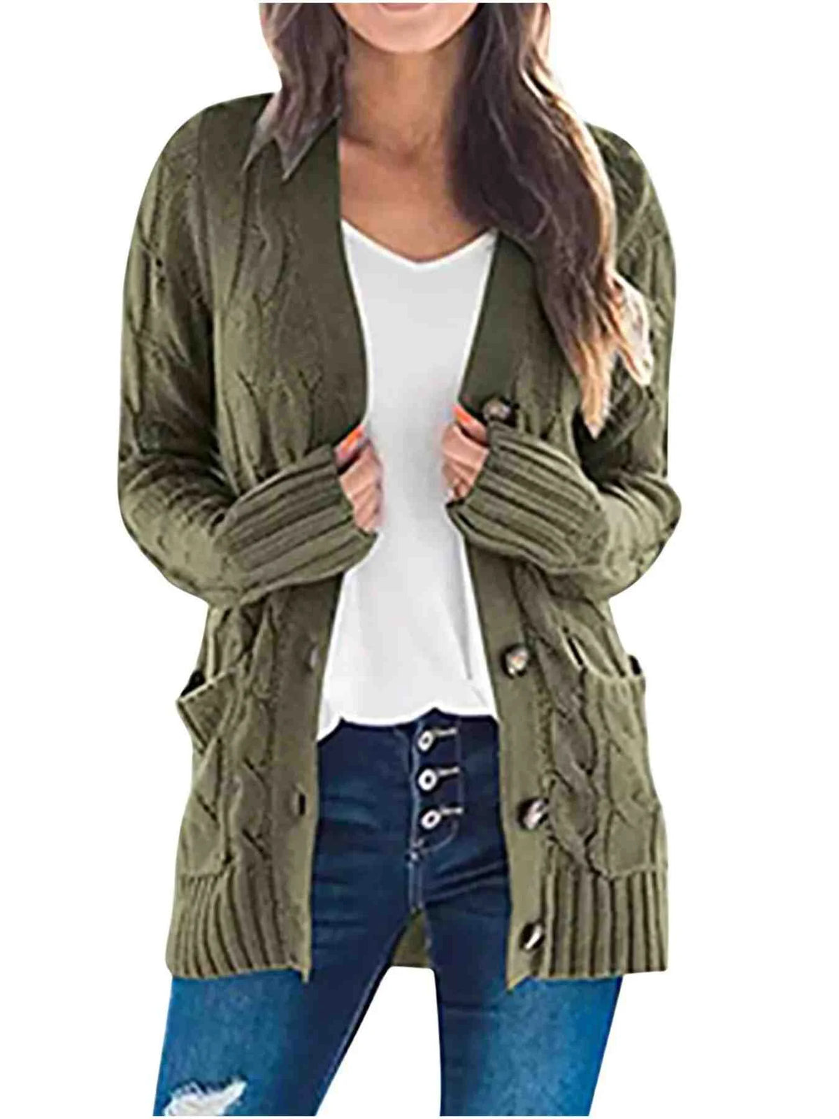 Full Size Chunky Cable Knit Button-Down Cardigan Plus Size