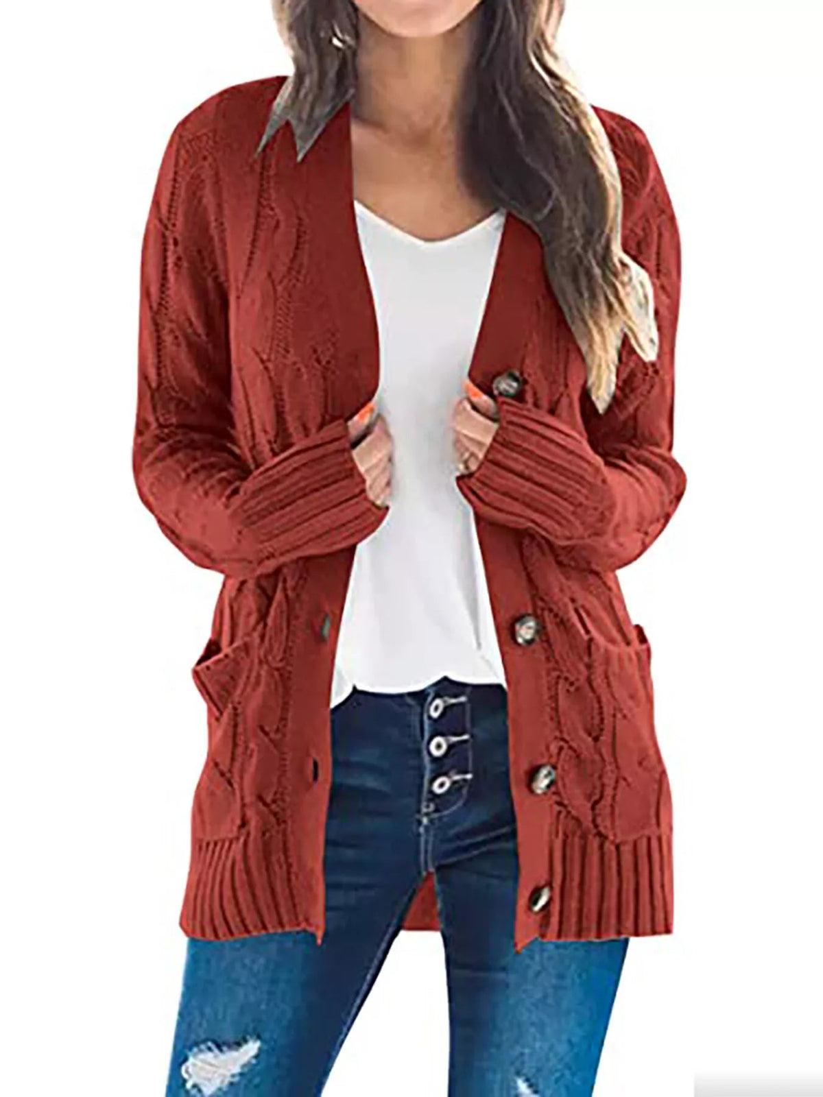Full Size Chunky Cable Knit Button-Down Cardigan Plus Size