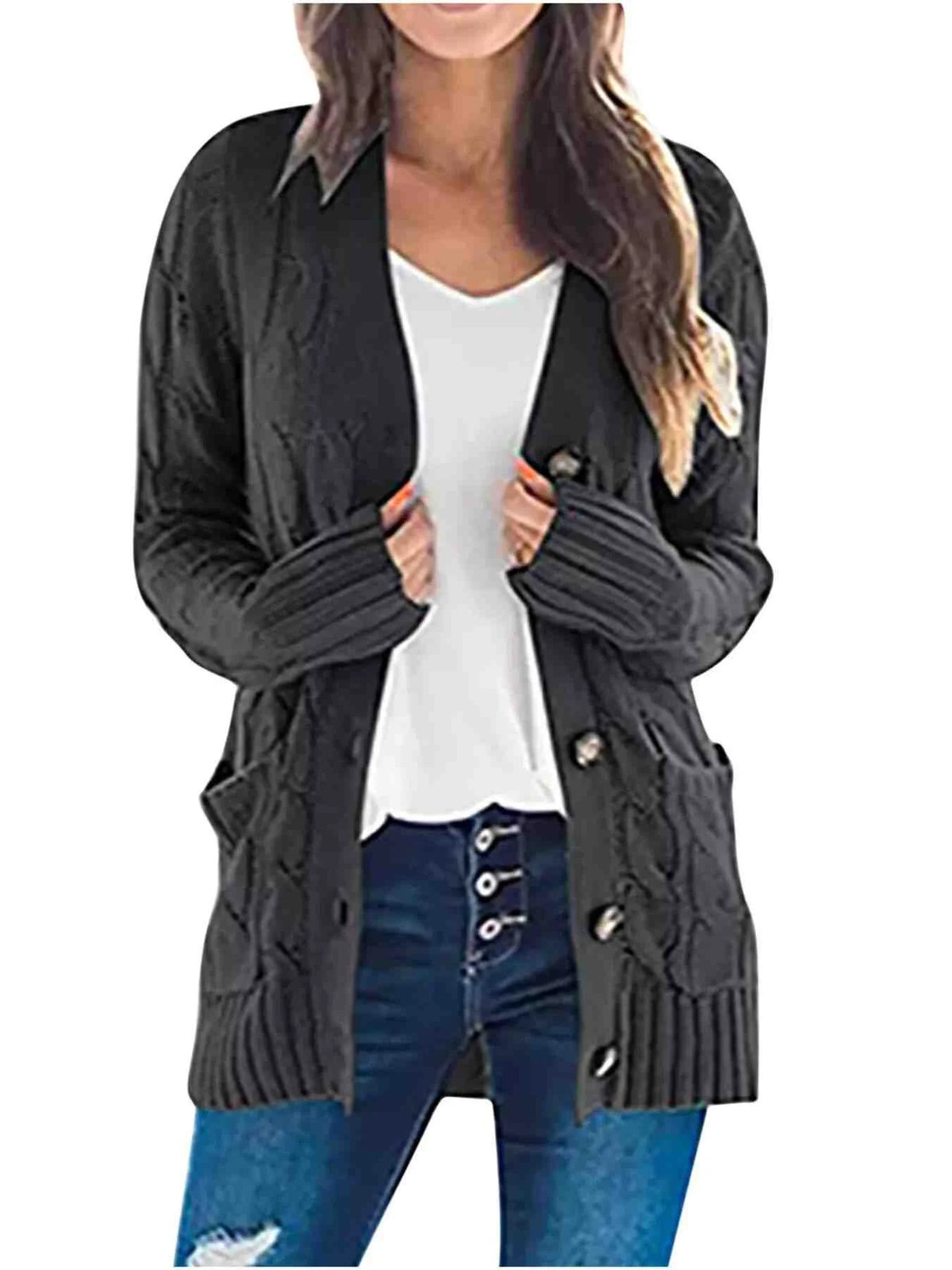 Full Size Chunky Cable Knit Button-Down Cardigan Plus Size