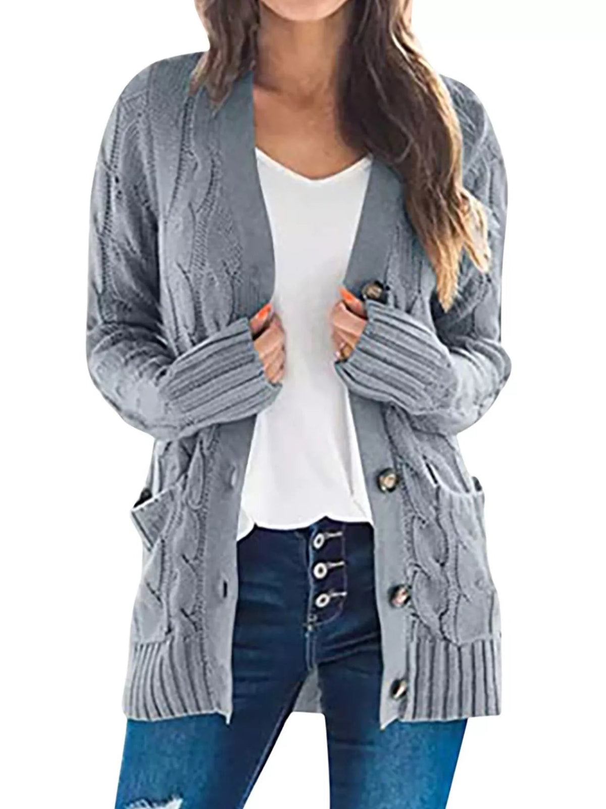 Full Size Chunky Cable Knit Button-Down Cardigan Plus Size