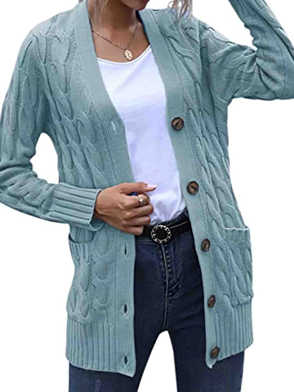 Full Size Chunky Cable Knit Button-Down Cardigan Plus Size