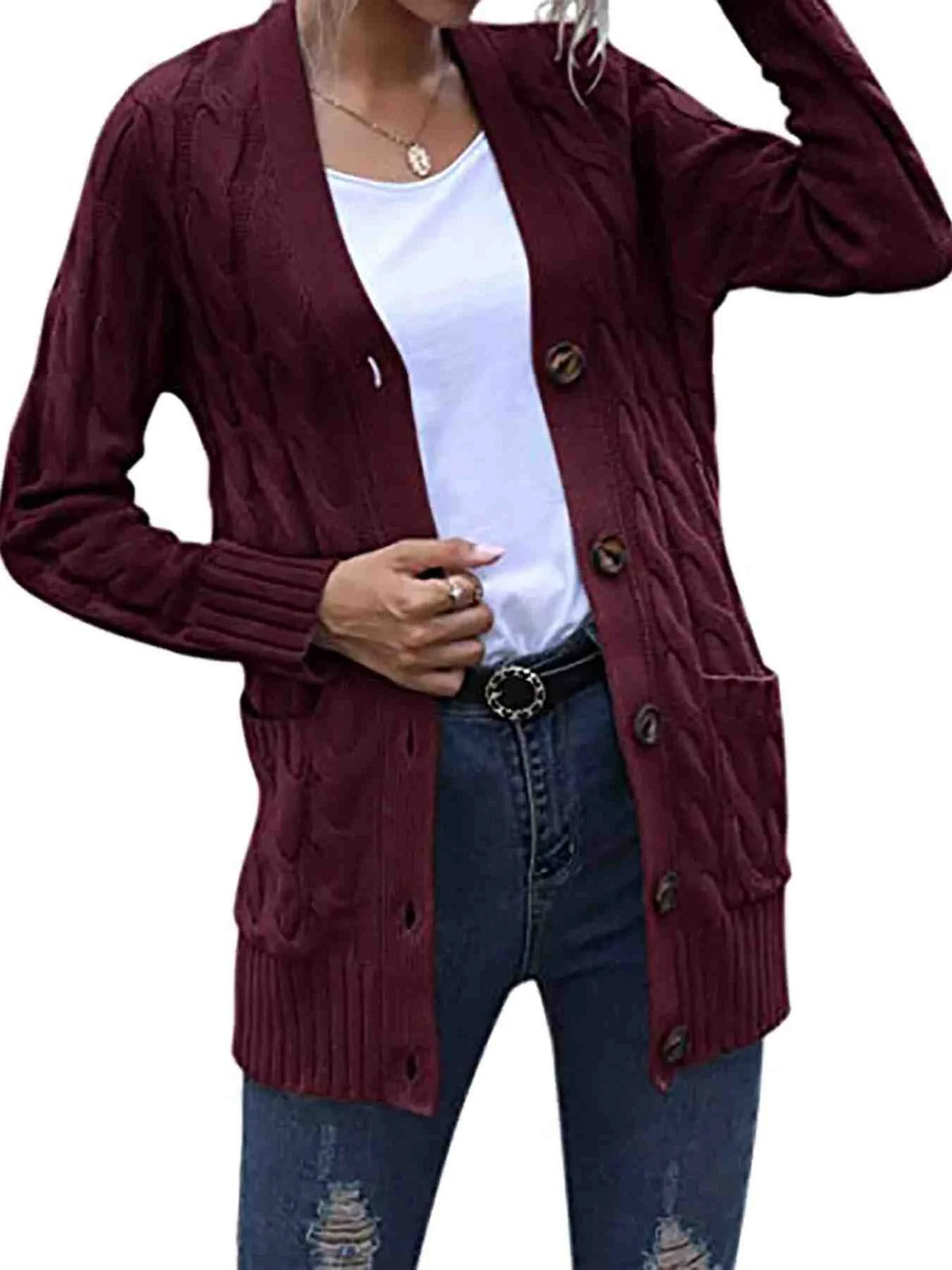 Full Size Chunky Cable Knit Button-Down Cardigan Plus Size