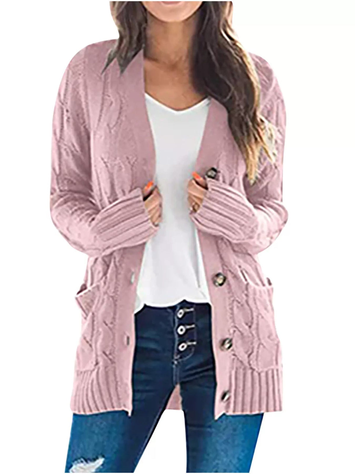 Full Size Chunky Cable Knit Button-Down Cardigan Plus Size