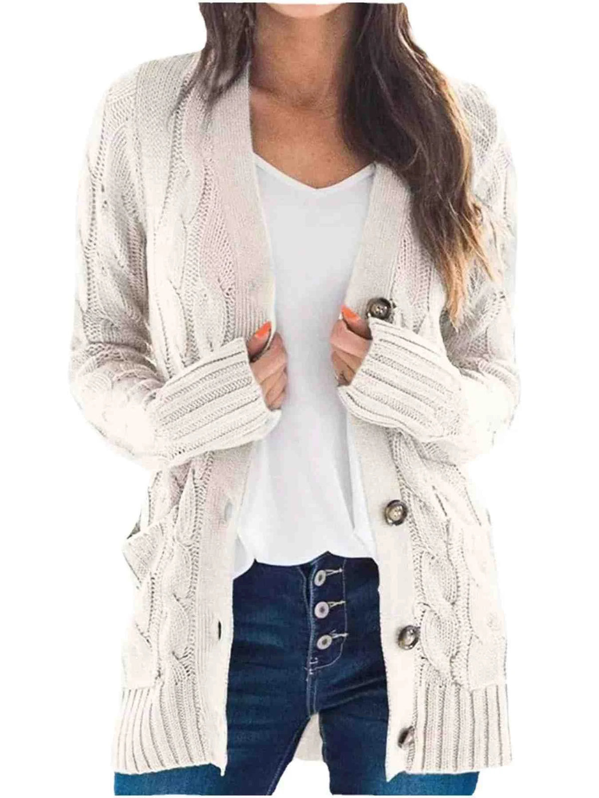 Full Size Chunky Cable Knit Button-Down Cardigan Plus Size