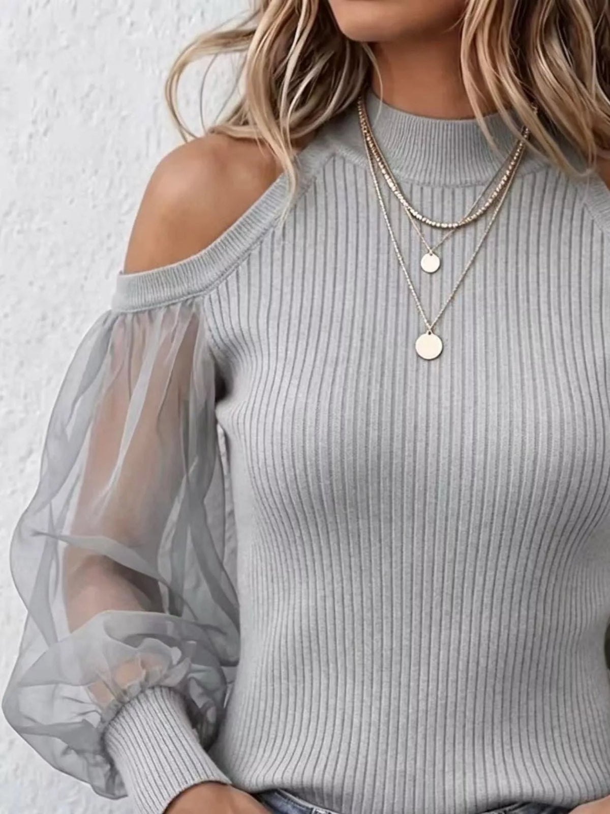 Full Size Cold Shoulder Sheer Mesh Sleeves Top Plus Size