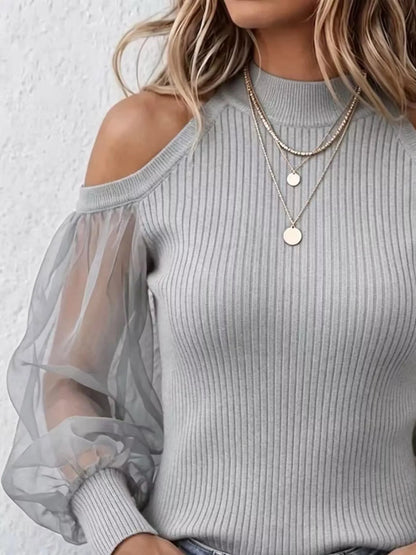 Full Size Cold Shoulder Sheer Mesh Sleeves Top Plus Size