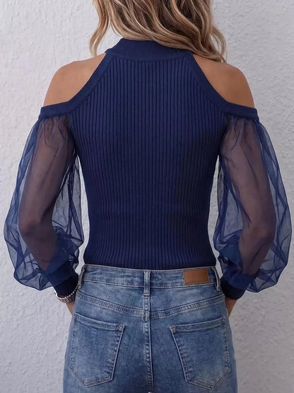 Full Size Cold Shoulder Sheer Mesh Sleeves Top Plus Size