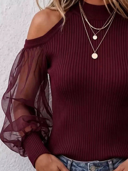 Full Size Cold Shoulder Sheer Mesh Sleeves Top Plus Size