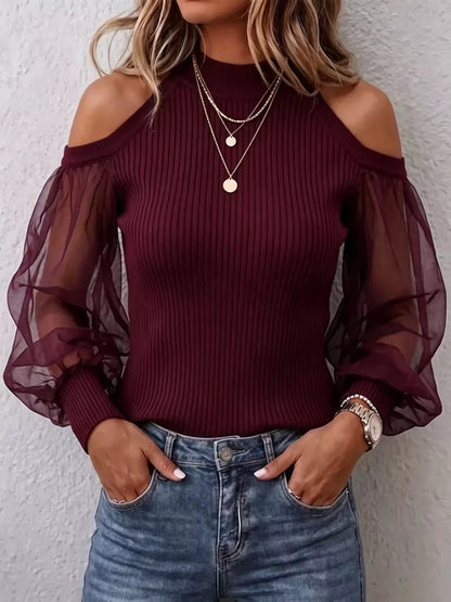 Full Size Cold Shoulder Sheer Mesh Sleeves Top Plus Size