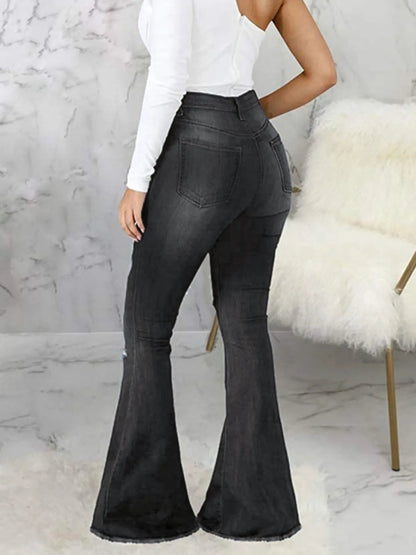 Full Size Distressed Raw Hem Flare Jeans Plus Size