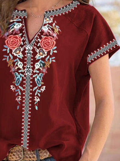 Full Size Floral Notched Short Sleeve Blouse Plus Size