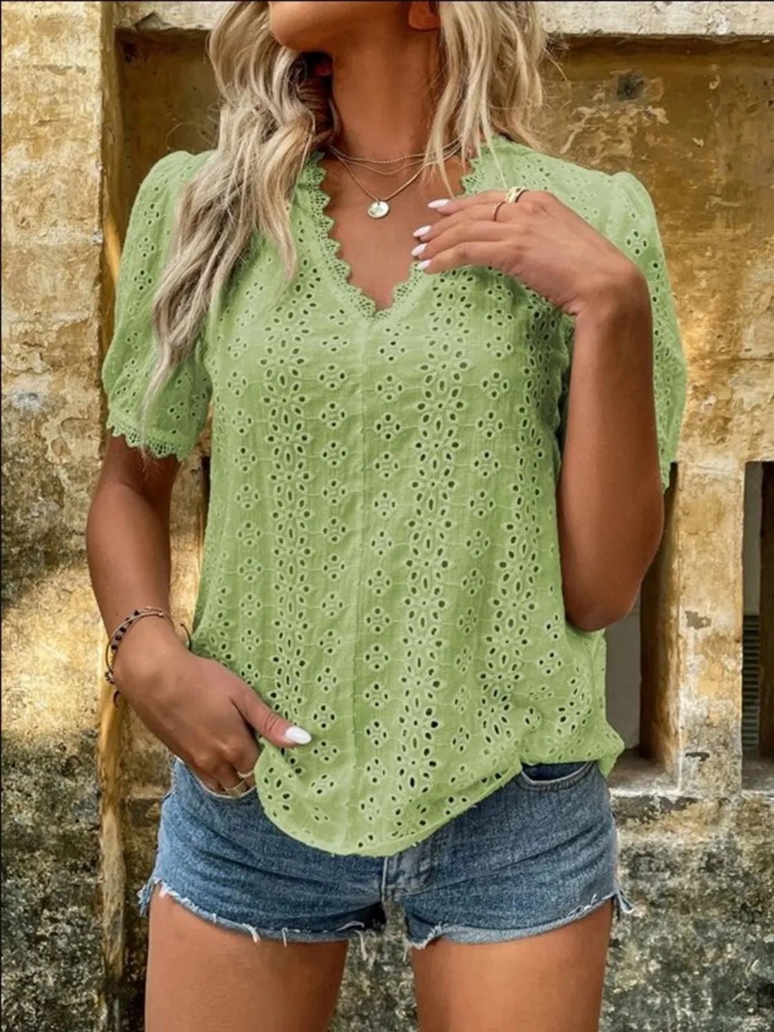 Full Size Lace Detail Eyelet V - Neck Short Sleeve Blouse Plus Size