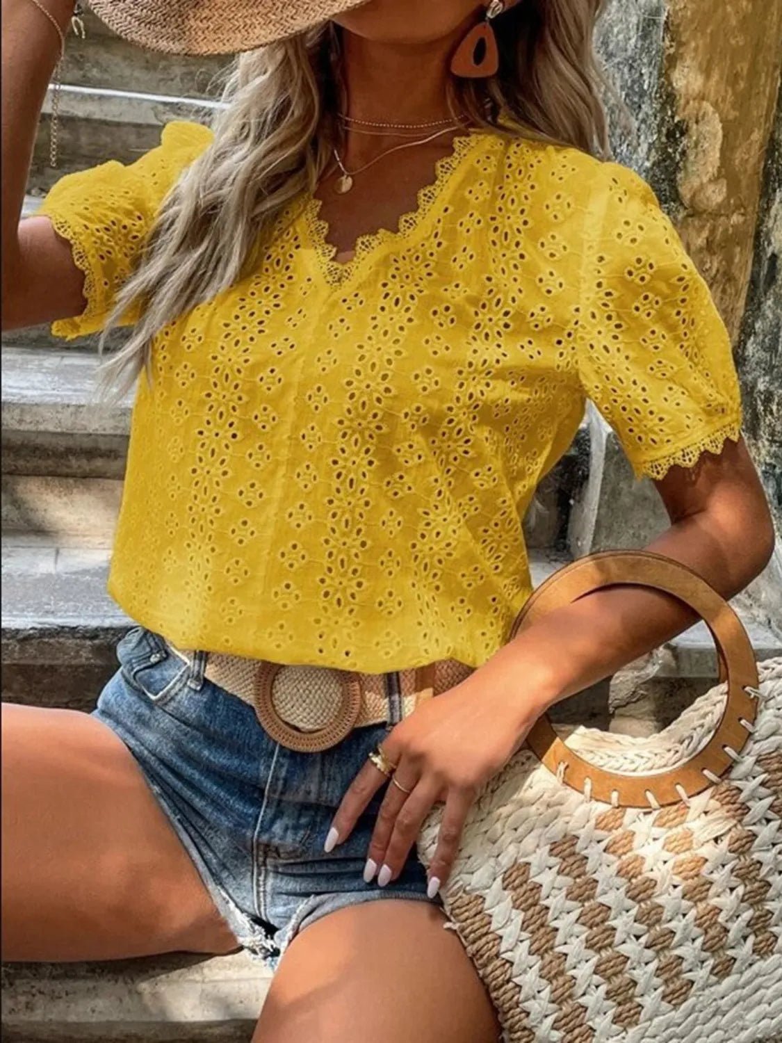 Full Size Lace Detail Eyelet V - Neck Short Sleeve Blouse Plus Size