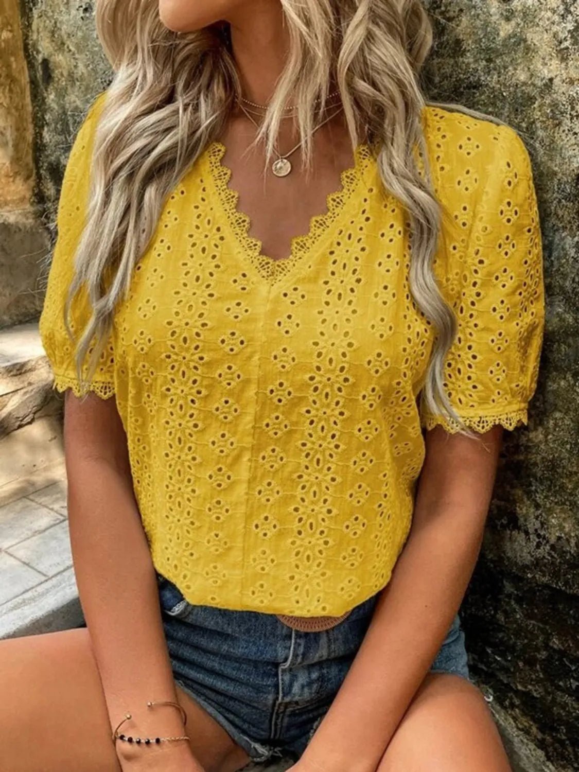 Full Size Lace Detail Eyelet V - Neck Short Sleeve Blouse Plus Size