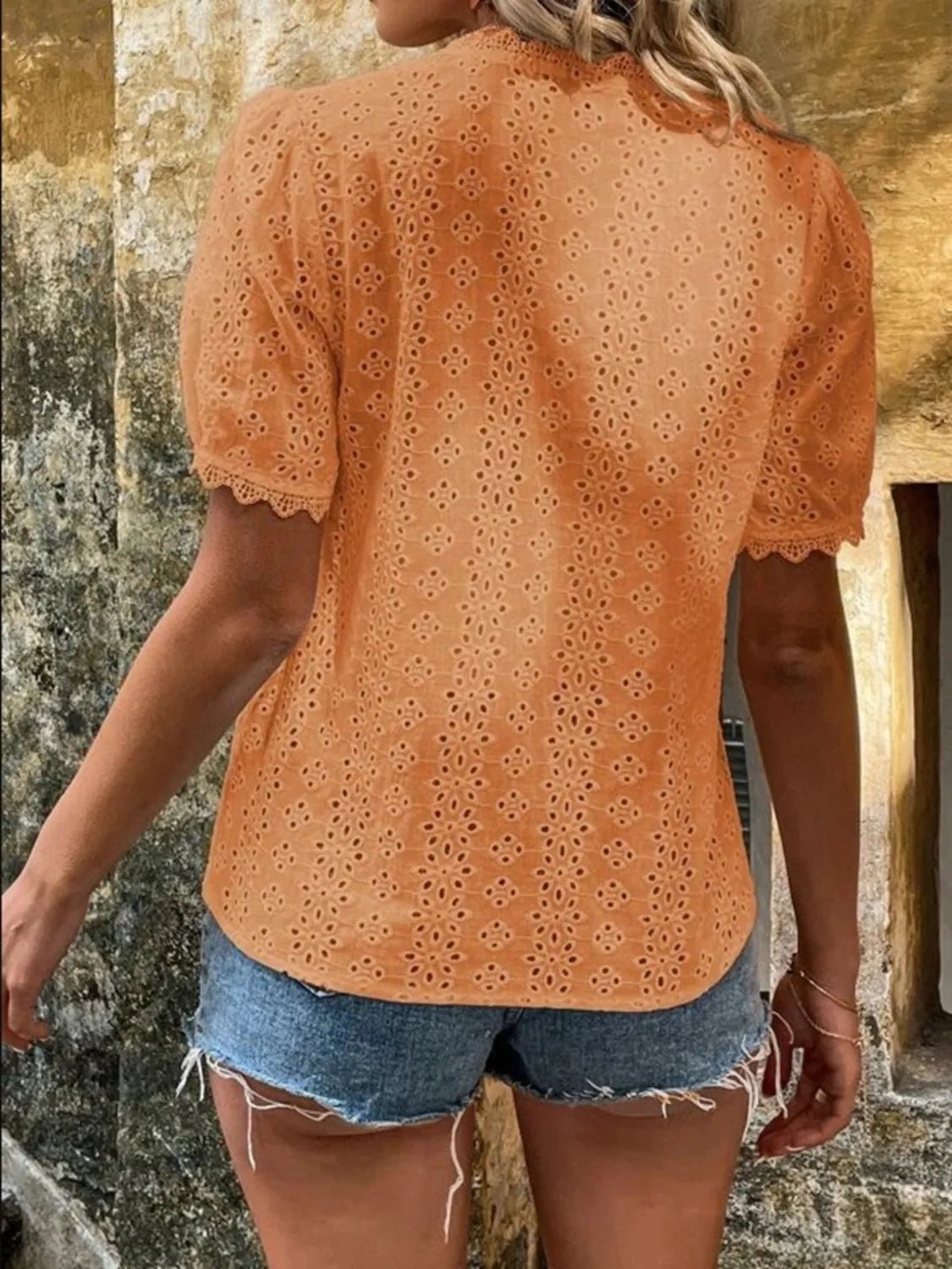 Full Size Lace Detail Eyelet V - Neck Short Sleeve Blouse Plus Size
