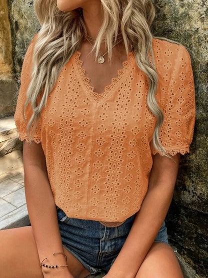 Full Size Lace Detail Eyelet V - Neck Short Sleeve Blouse Plus Size
