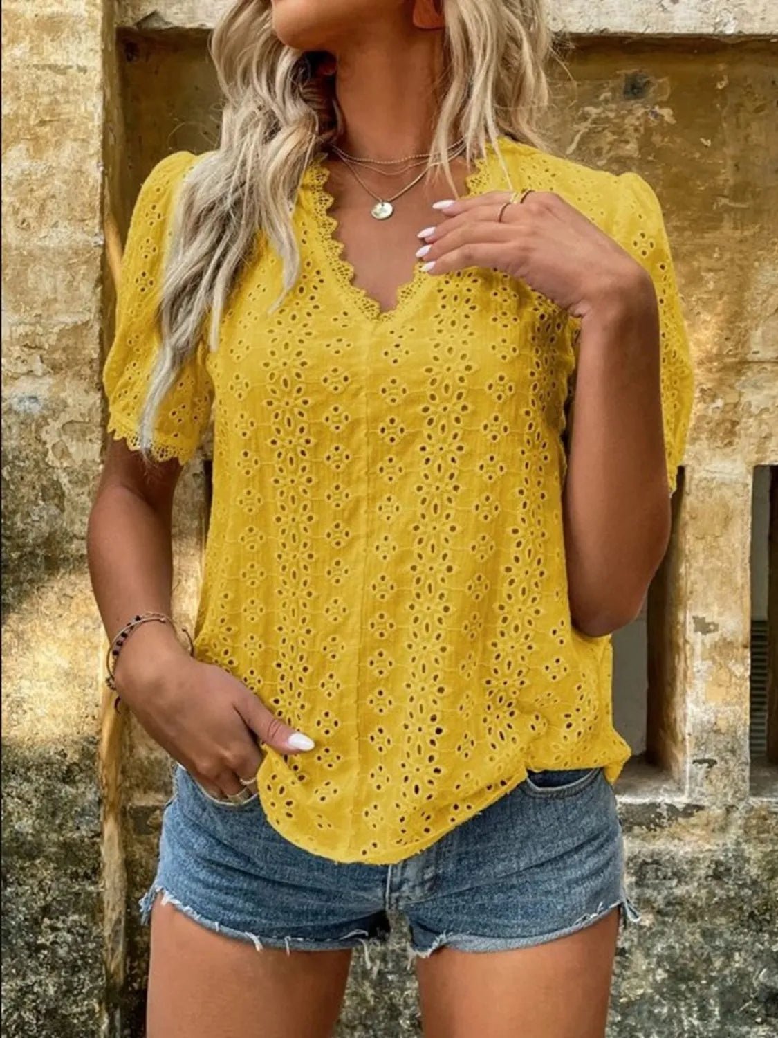 Full Size Lace Detail Eyelet V - Neck Short Sleeve Blouse Plus Size