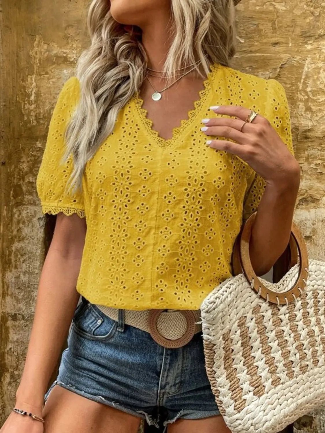 Full Size Lace Detail Eyelet V - Neck Short Sleeve Blouse Plus Size