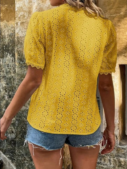 Full Size Lace Detail Eyelet V - Neck Short Sleeve Blouse Plus Size