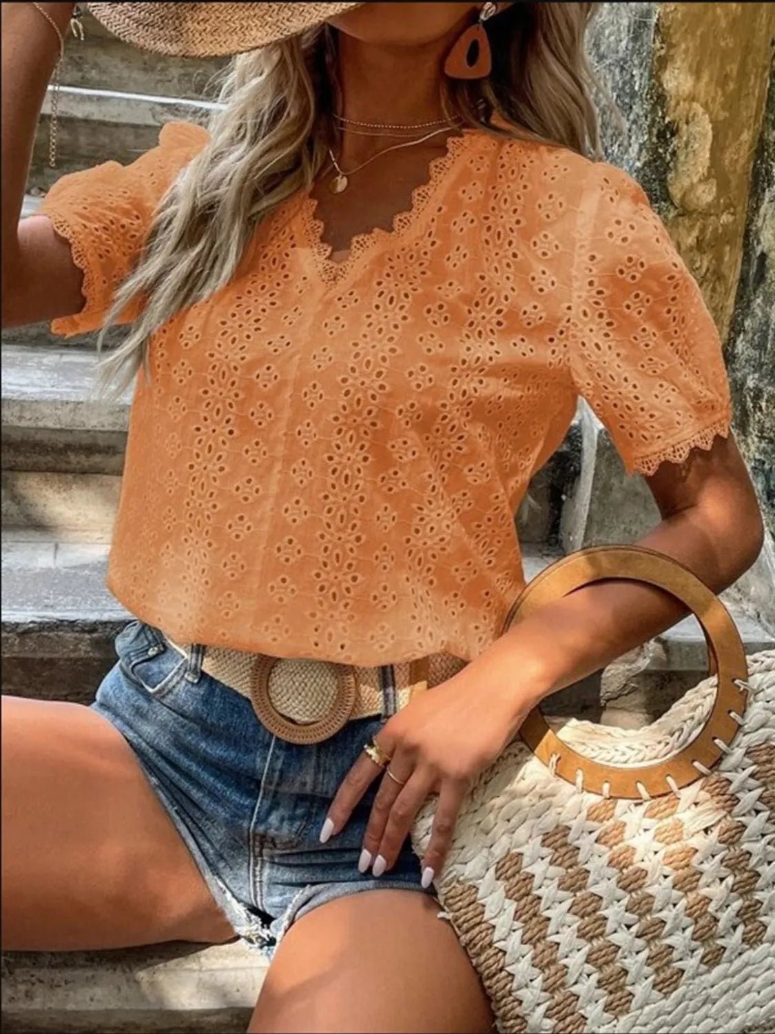Full Size Lace Detail Eyelet V - Neck Short Sleeve Blouse Plus Size