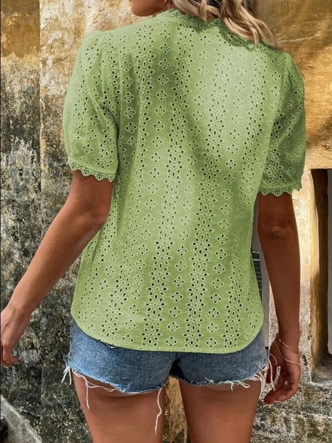 Full Size Lace Detail Eyelet V - Neck Short Sleeve Blouse Plus Size