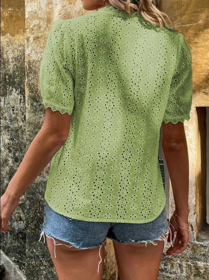 Full Size Lace Detail Eyelet V - Neck Short Sleeve Blouse Plus Size