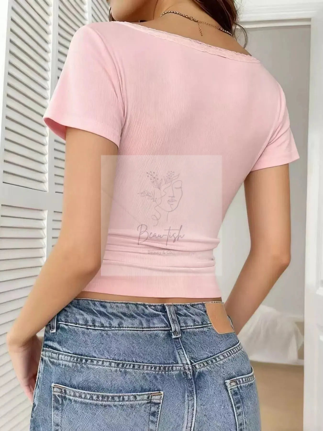 Full Size Lace Trim Short Sleeve Slim Fit Top Plus Size