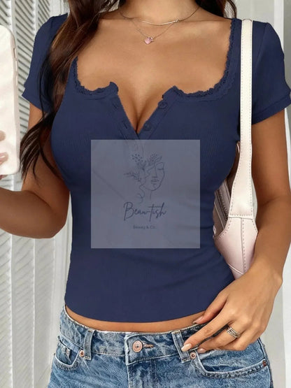 Full Size Lace Trim Short Sleeve Slim Fit Top Plus Size