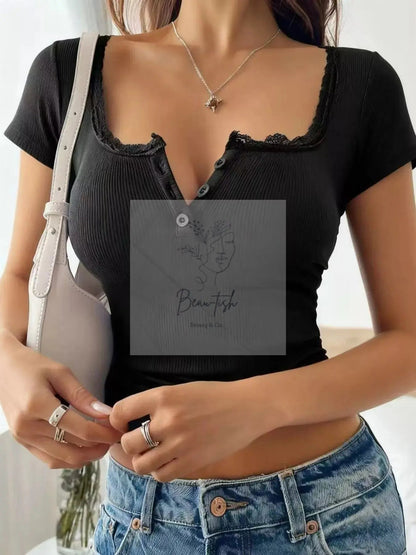 Full Size Lace Trim Short Sleeve Slim Fit Top Plus Size