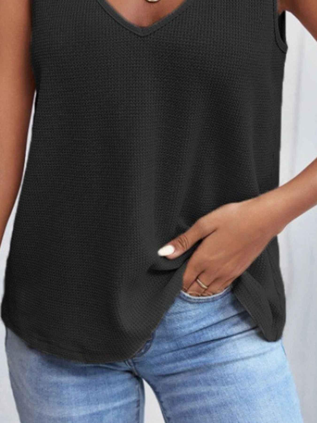 Full Size Lace Trim V-Neck Waffle Knit Tank Plus Size