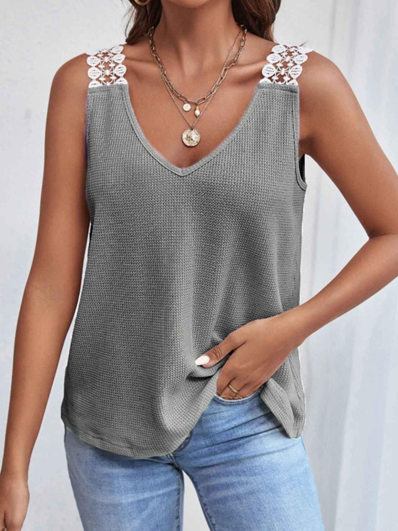 Full Size Lace Trim V-Neck Waffle Knit Tank Plus Size