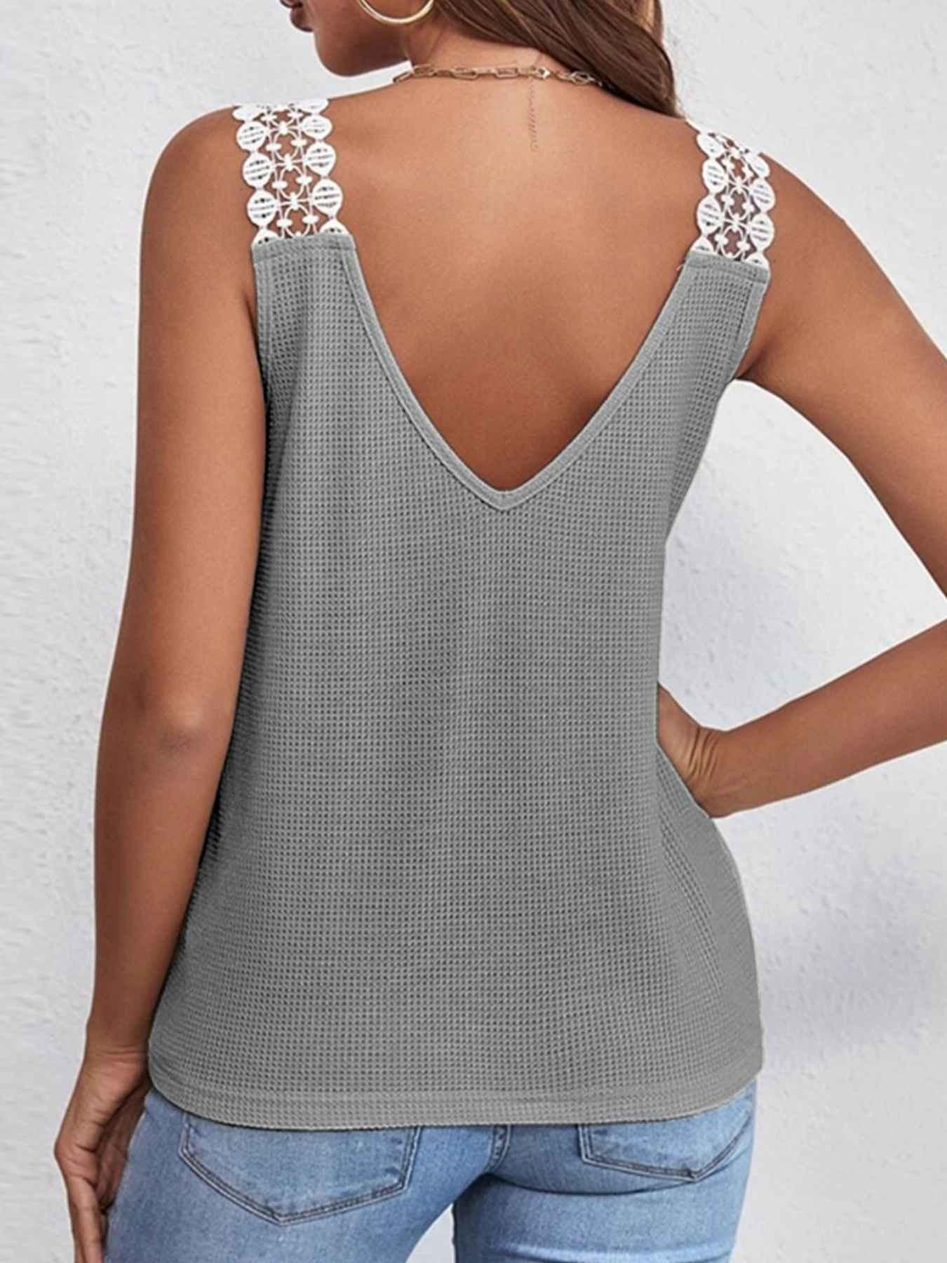 Full Size Lace Trim V-Neck Waffle Knit Tank Plus Size