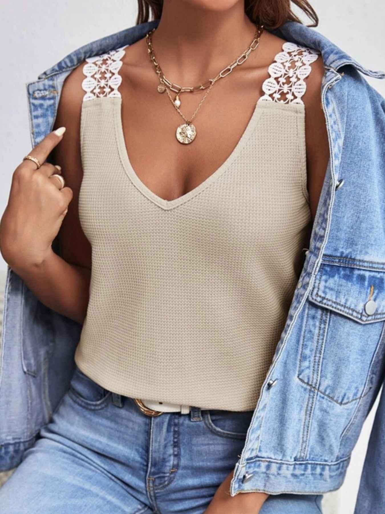 Full Size Lace Trim V-Neck Waffle Knit Tank Plus Size