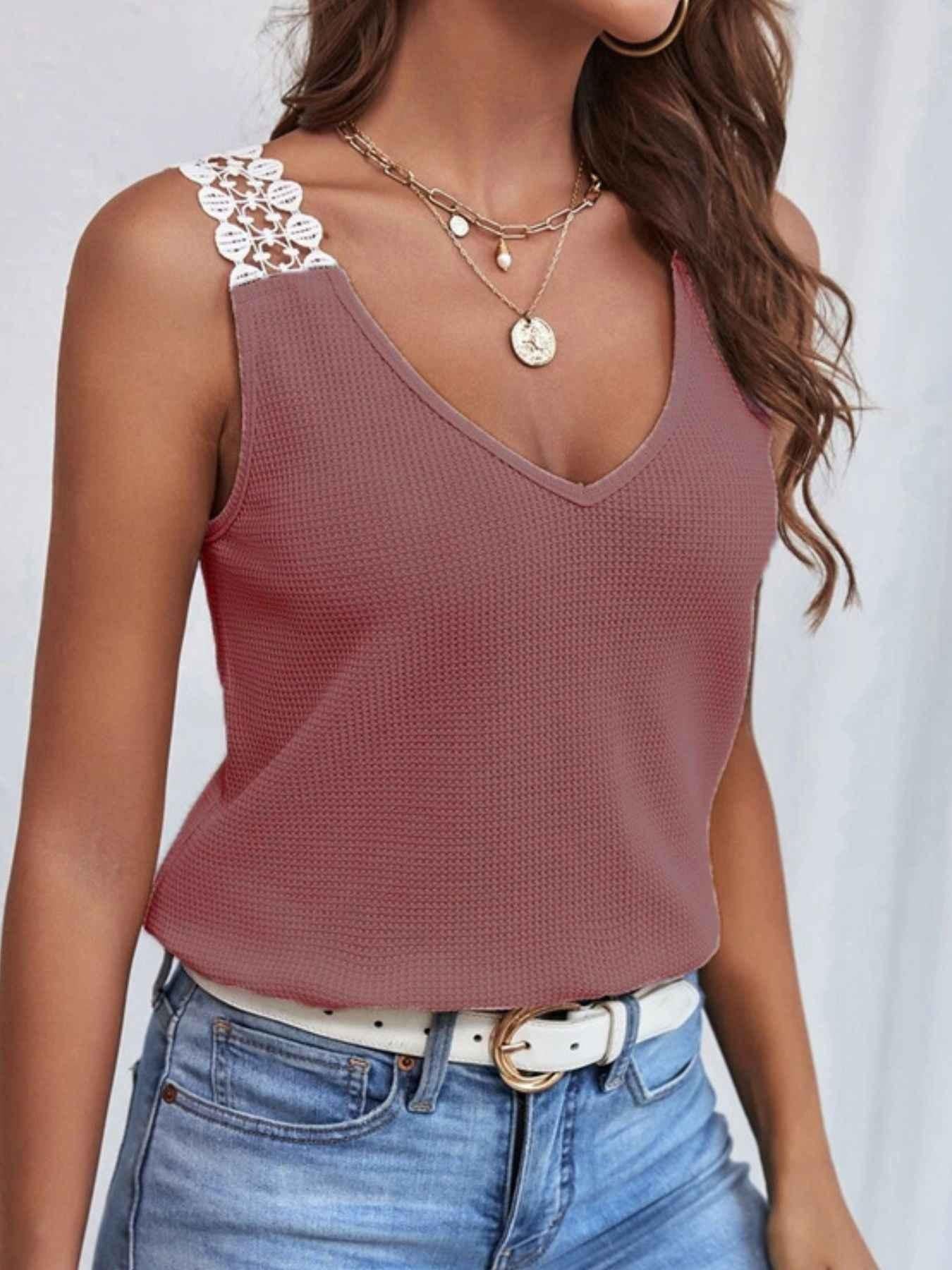 Full Size Lace Trim V-Neck Waffle Knit Tank Plus Size