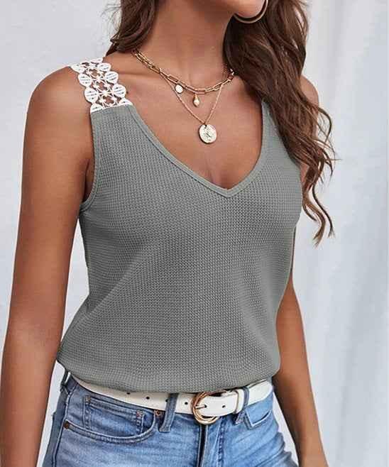 Full Size Lace Trim V-Neck Waffle Knit Tank Plus Size