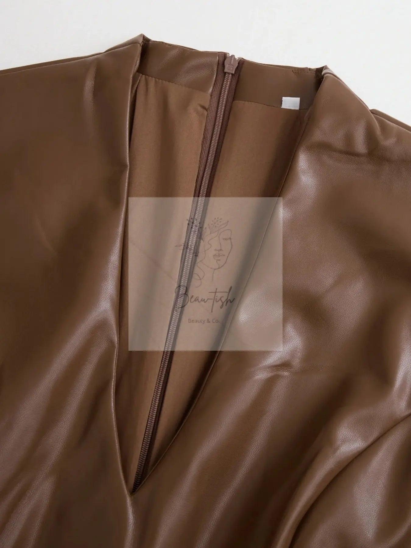 Full Size Leather V-Neck Midi Dress Plus Size