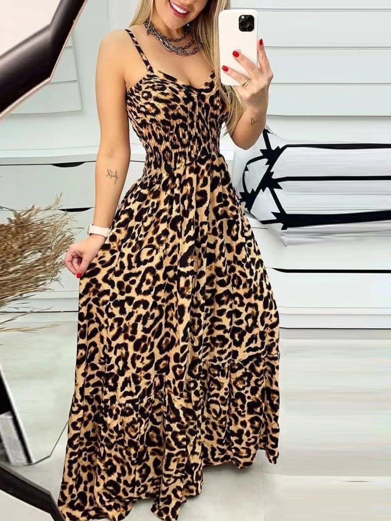 Full Size Leopard Print Spaghetti Strap Maxi Dress Plus Size