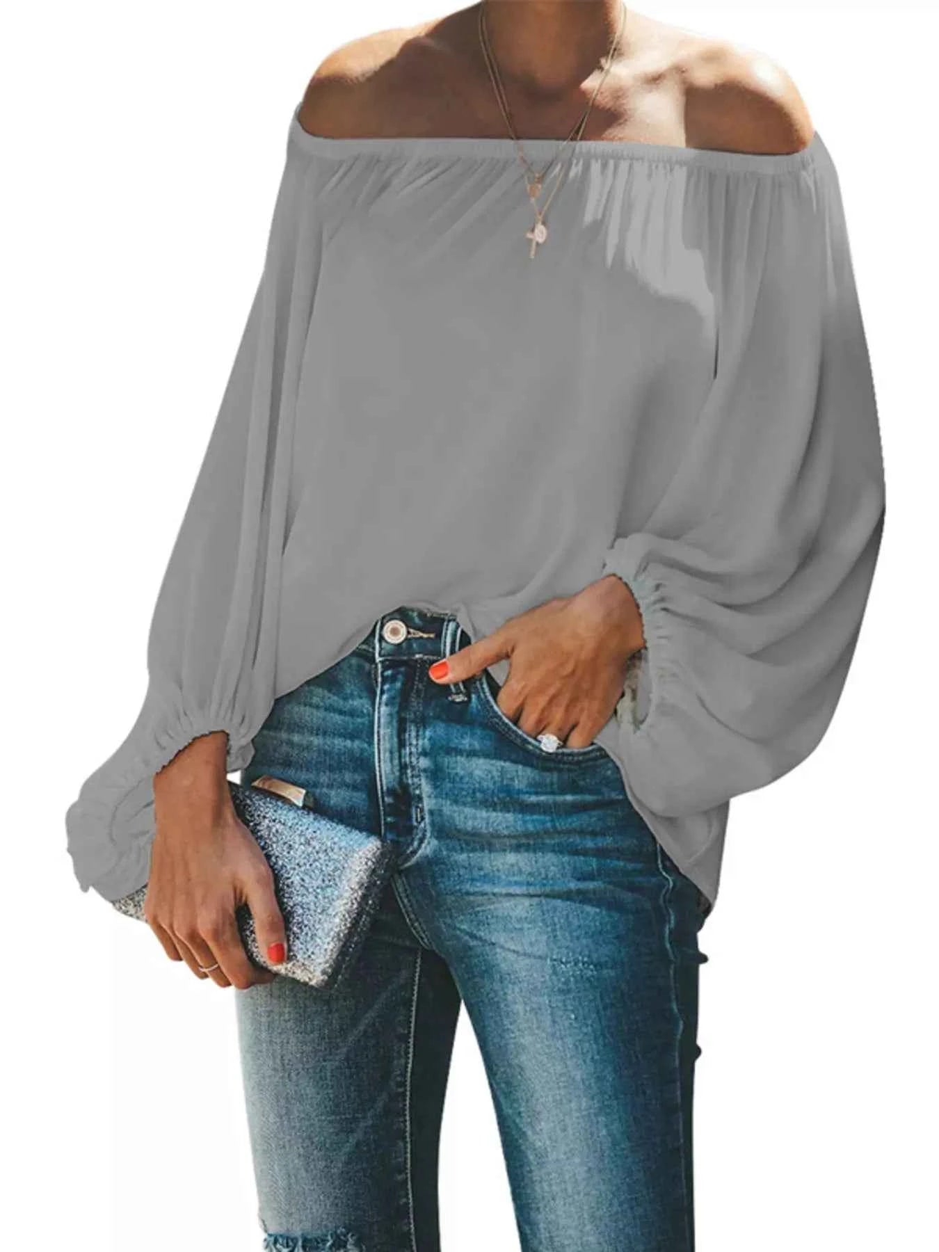 Full Size Off-Shoulder Balloon Sleeve Blouse Plus Size