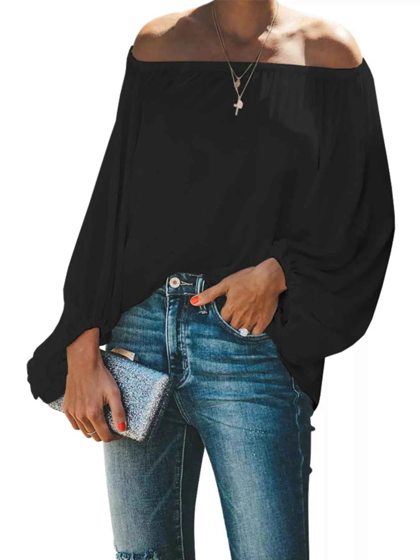 Full Size Off-Shoulder Balloon Sleeve Blouse Plus Size