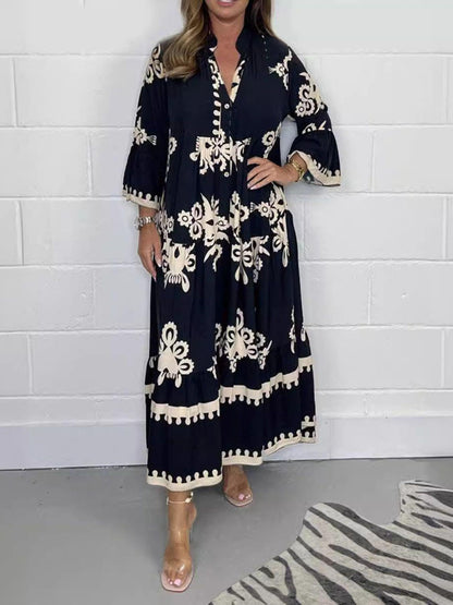 Full Size Printed Notched 3/4 Sleeve Midi Dress Plus Size