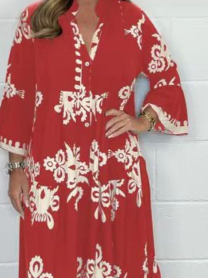 Full Size Printed Notched 3/4 Sleeve Midi Dress Plus Size