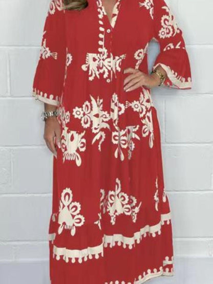 Full Size Printed Notched 3/4 Sleeve Midi Dress Plus Size