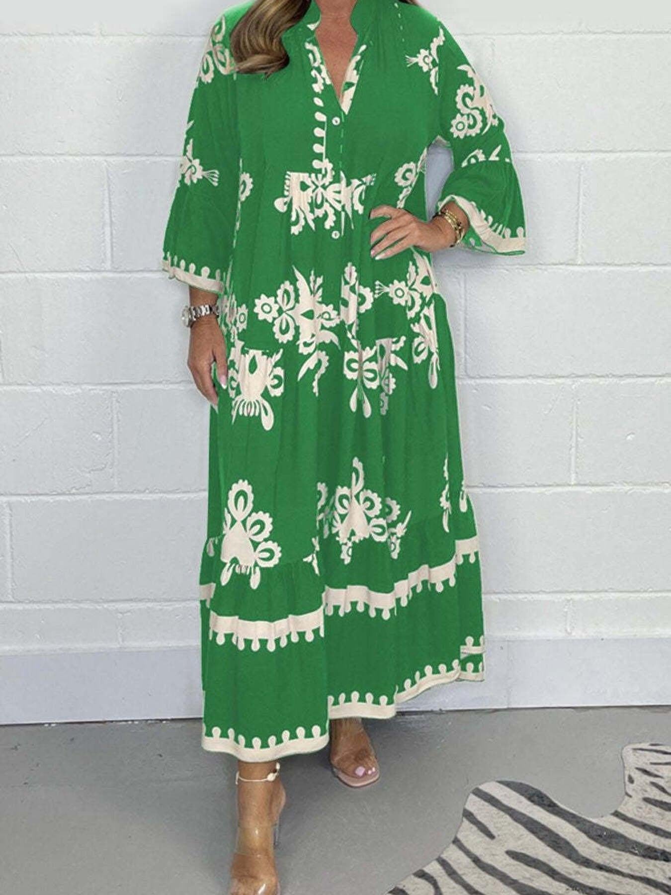 Full Size Printed Notched 3/4 Sleeve Midi Dress Plus Size